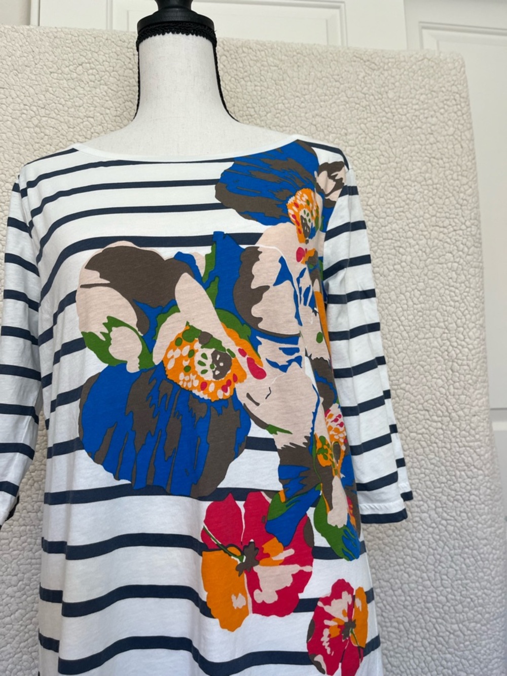 French Connection Navy and White Striped Floral Shift Dress size 12 cotton 100% - Picture 3 of 5
